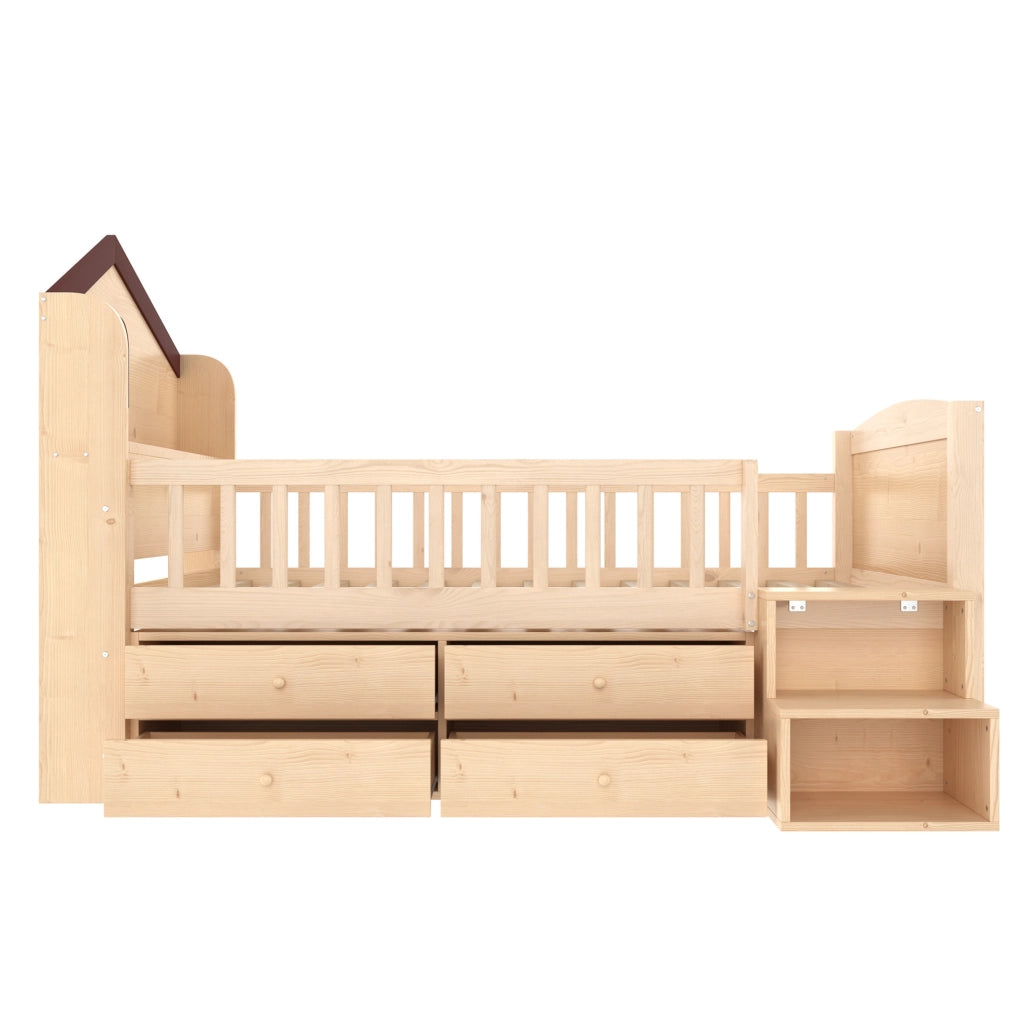 Letto semialto 90x200 cm con LED; scala e contenitori in pino naturale