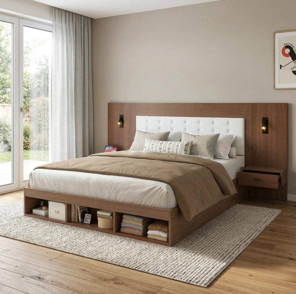 Letto matrimoniale 180x200 cm con contenitore; USB e Type-C; luci di lettura; effetto noce