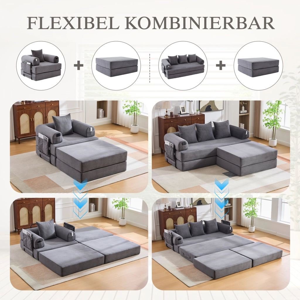 POUF Pieghevole 109x95x43 cm in Corduroy Grigio Scuro