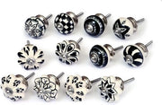 Set di maniglie in ceramica a mano dipinte in nero e bianco, con 12 maniglie per cassetti, cassetti e comodini, design classico, diametro 40 mm.
