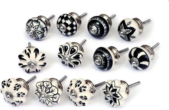 Set di maniglie in ceramica a mano dipinte in nero e bianco, con 12 maniglie per cassetti, cassetti e comodini, design classico, diametro 40 mm.