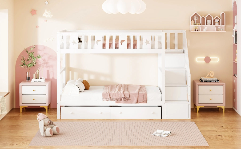 DESMIU Letto a castello per bambini 90 × 200 cm e 90 × 200 cm con scala contenitore, 2 cassetti, senza materasso, bianco
