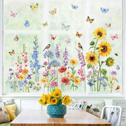 Decalcomanie per finestre Fiori Primavera Estate Decalcomanie per finestre Fiori prati Fiori selvatici Fiori di girasole Uccelli Film antiriflesso per vetri Decorazione per finestre Decalcomanie