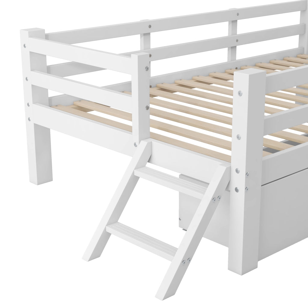 Letto Basso 90x200 cm con Sponda; 2 Cassetti e varco laterale in MDF e compensato - Bianco