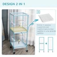 Gabbia per Uccelli 2 in 1 Voliera da Interni con 4 Ruote e Vassoi Estraibili, 51.5x50x140cm