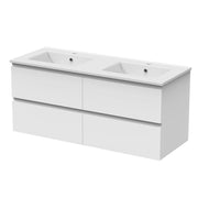 Mobile bagno 120cm con quattro cassetti e doppio lavabo incassato, sospeso, bianco