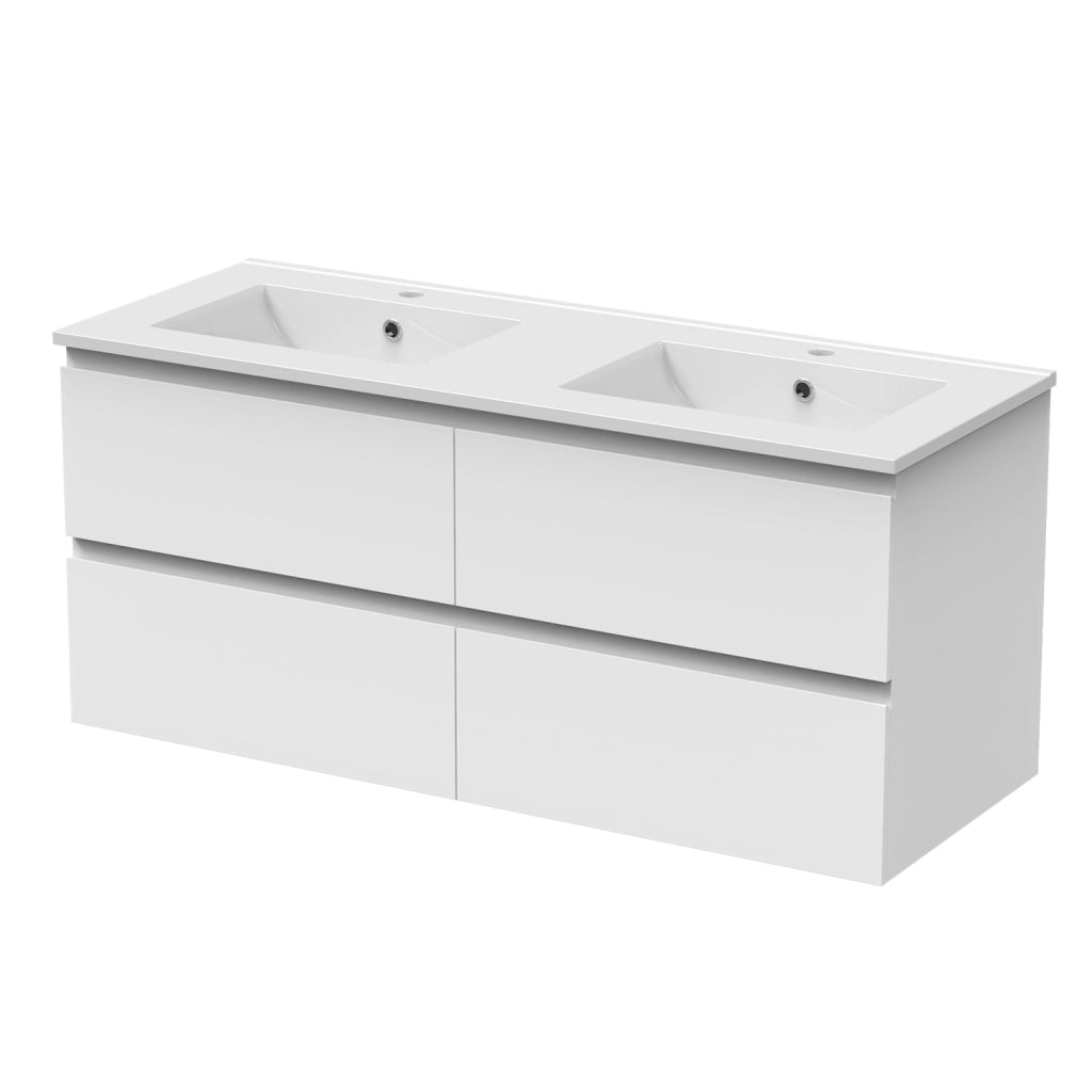 Mobile bagno 120cm con quattro cassetti e doppio lavabo incassato, sospeso, bianco