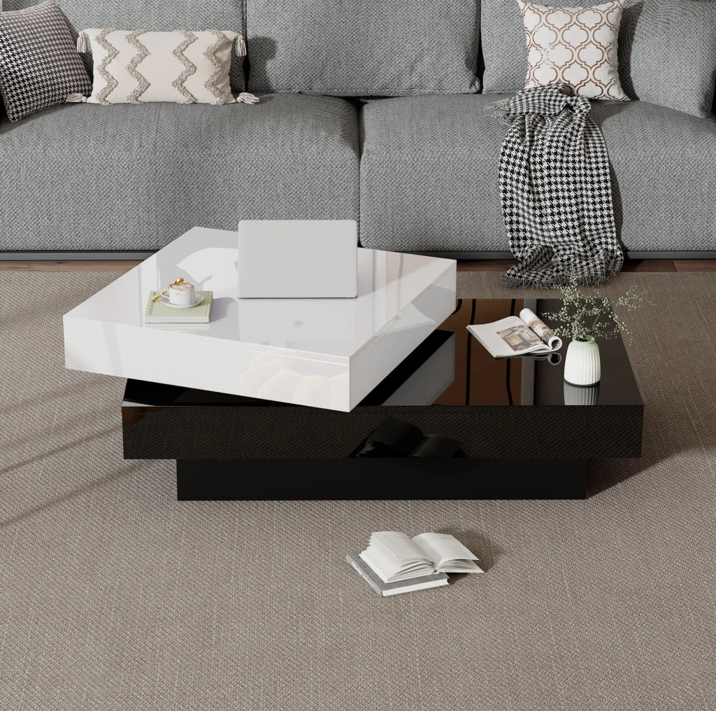 Tavolino da salotto girevole a 2 livelli 103 x 60 x 35;5 cm bianco e nero lucido