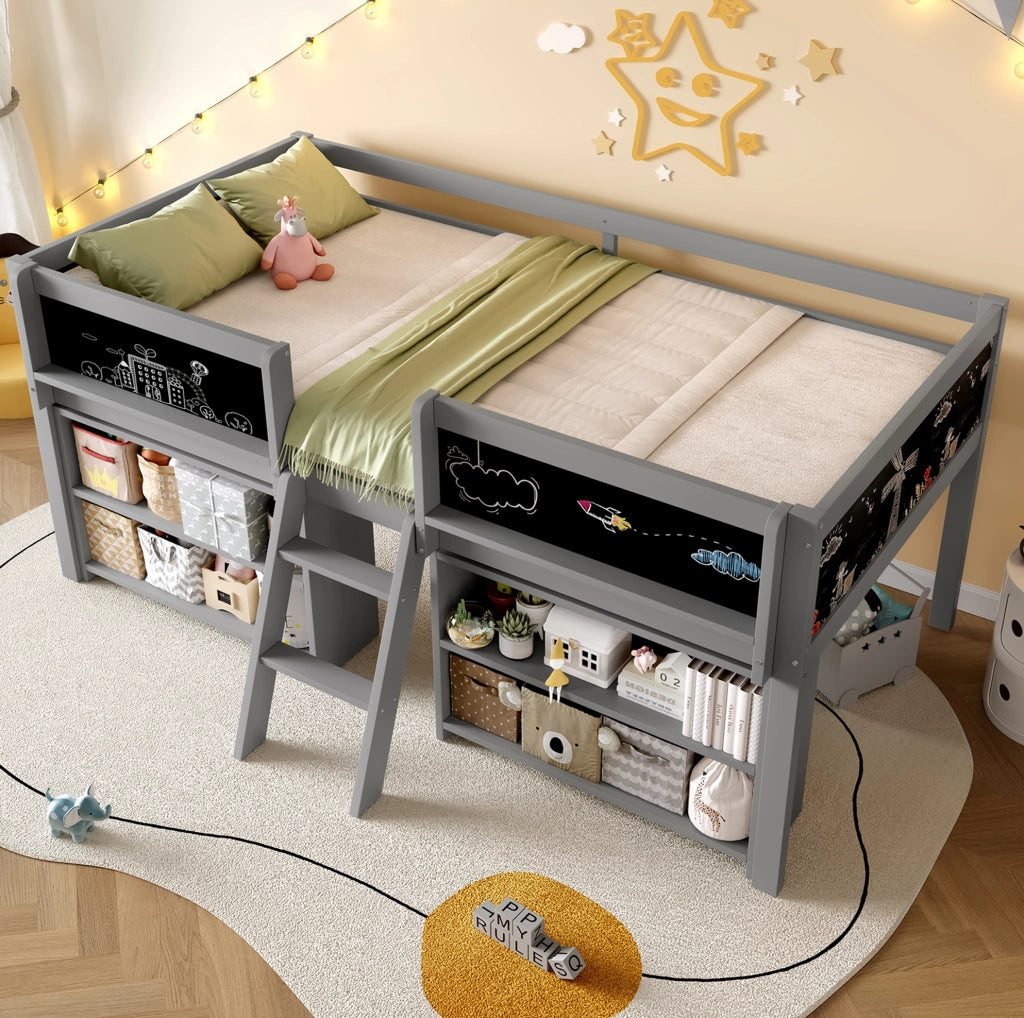 Letto semi-alto 90x200 cm con scaffali, lavagna, scala e sponde grigio