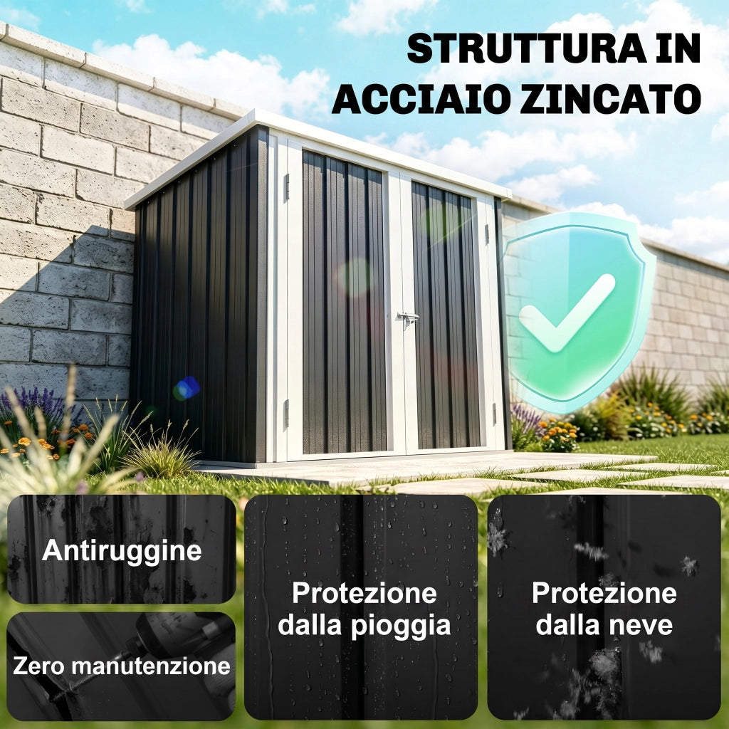 Casetta da Giardino in Lamiera Acciaio ¨C Xylo ¨C Nero e Bianco 147x86x134 cm Doppia Porta