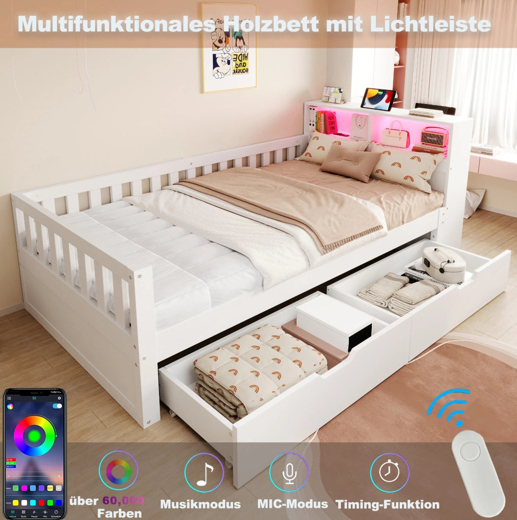 Letto singolo multifunzione 90x200 cm con divano L; LED; prese e contenitore; bianco