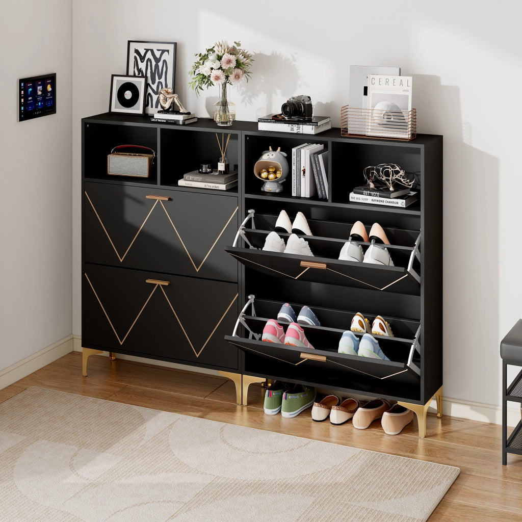 Scarpiera con 4 ante ribaltabili e 4 vani aperti, mobile ingresso con piano d'appoggio, in MDF nero, 80 × 25 × 117 cm