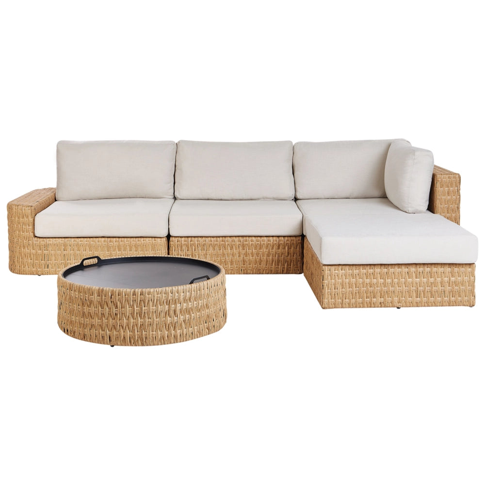 Set da giardino con divano angolare a sinistra, cuscini beige, rattan sintetico, 4 posti, con tavolino dal piano a vassoio