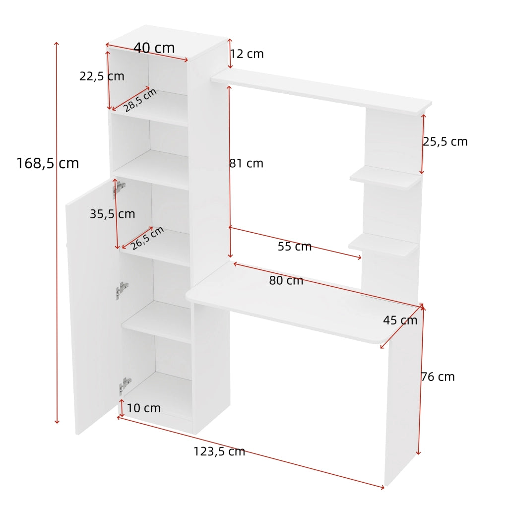 Scrivania multifunzione con armadietto e ripiani, design moderno, 123,5 x 45 x 168,5 cm, bianco