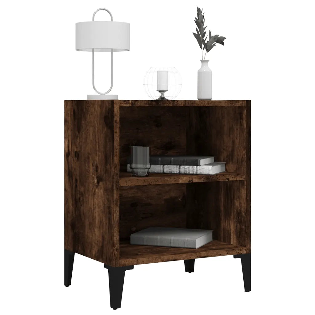 Comodino | Armadio da Notte | Mobiletto da notte con Gambe in Metallo Rovere Fumo 40x30x50 cm