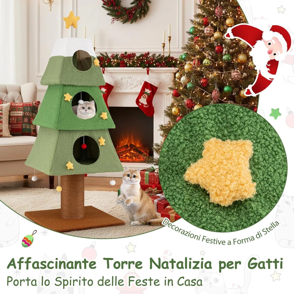 Albero per Gatti da Interno, Tiragraffi per Gatti Alto 162 cm con 3 Condo, Palo Tiragraffi in Sisal e Palline Pendenti, Mobile per Arrampicata per Decorazione Festiva