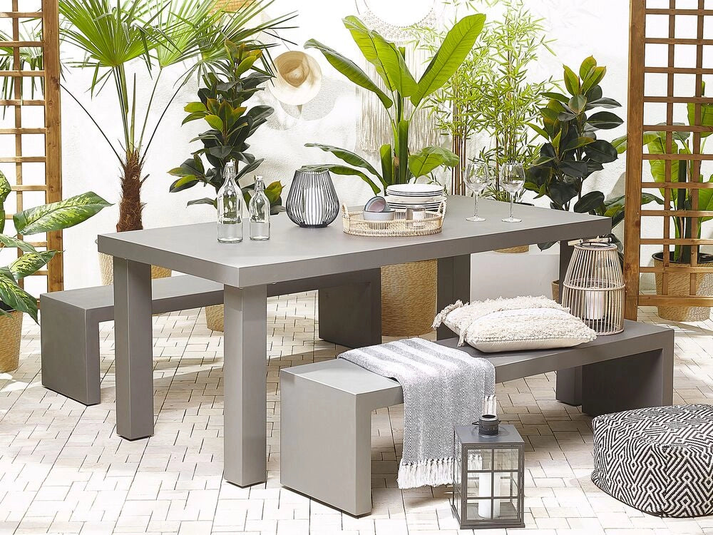 Set da pranzo da giardino Tavolo rettangolare in cemento grigio 2 panche a forma di U 4 posti resistente all'acqua