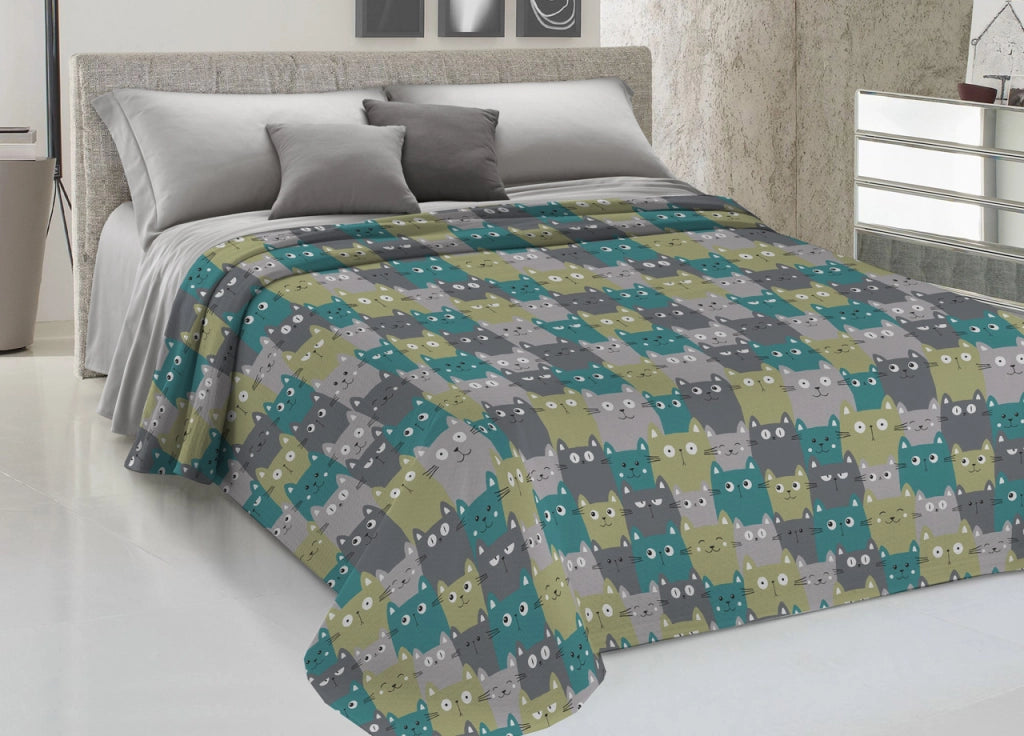 Copriletto Piquet Primavera Estate 100% Cotone Disegno Happy Cat - Singolo - Verde