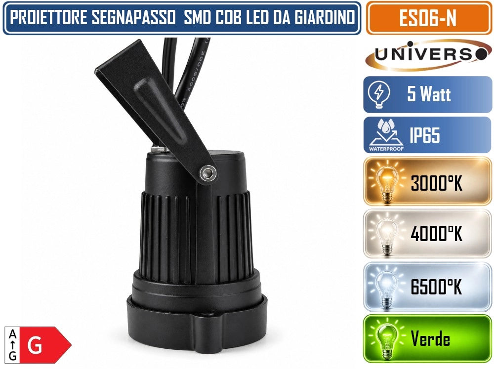 UNIVERSO ES06-N LAMPADA DA GIARDINO LED COB 5W CON PICCHETTO ORIENTABILE 360° IP65 660LM FASCIO 60° IN ALLUMINIO E VETRO – 3000K, 4000K, 6500K, VERDE - Colore Luce:Verde