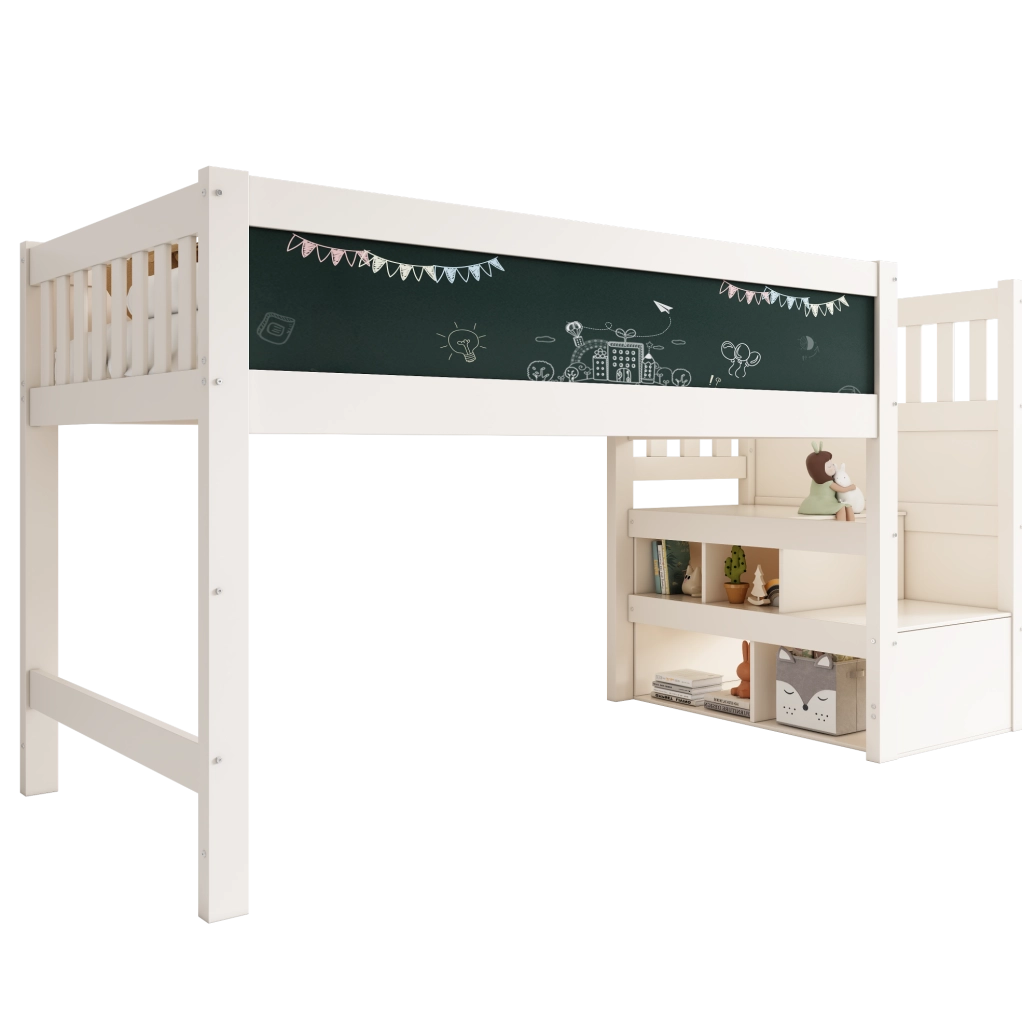 Letto a soppalco per bambini 90x200 cm in MDF e legno massiccio bianco con scala e lavagna