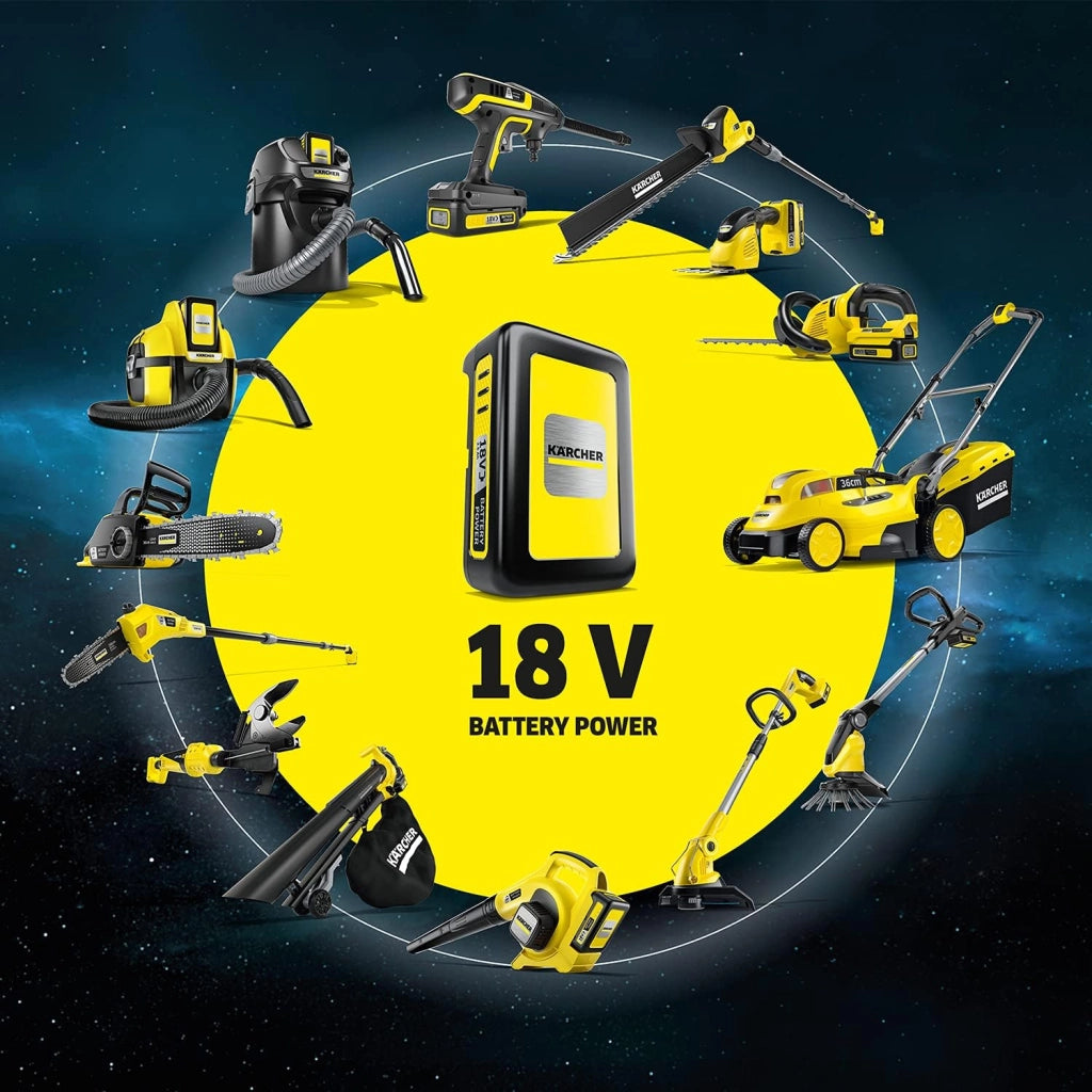 Kärcher Starter kit 18/50 18 V, batteria agli ioni di litio da 18 V/5 Ah con caricabatterie, tempo di ricarica: 100% in meno di 2.5 ore, per tutti i dispositivi della piattaforma 18 V Battery Power