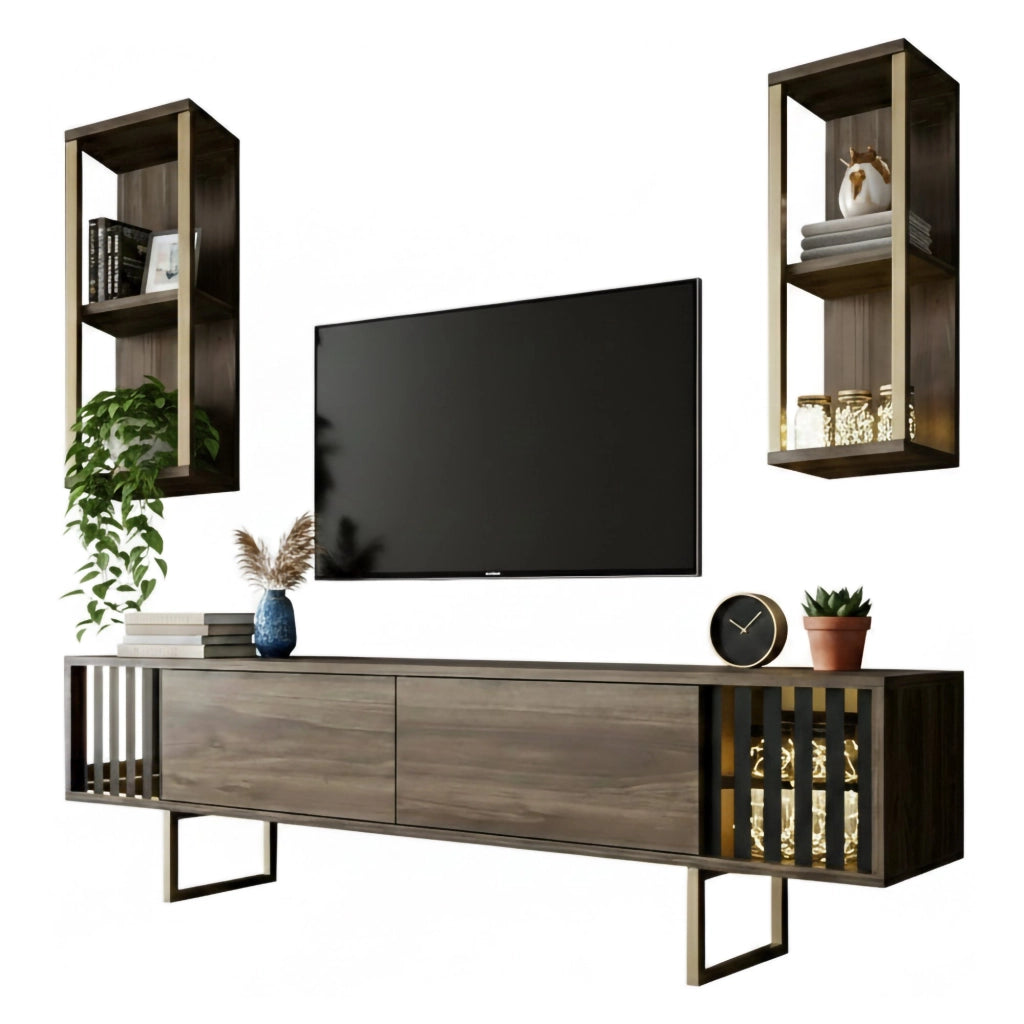 Mobile porta TV Artinay, Credenza da soggiorno, Armadio basso per TV, Base parete attrezzata, 180x30h48 cm, Noce e Nero