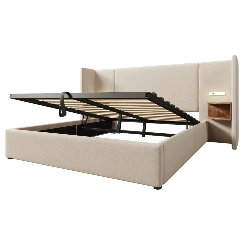 Letto contenitore 160x200 cm beige con USB e luce da lettura