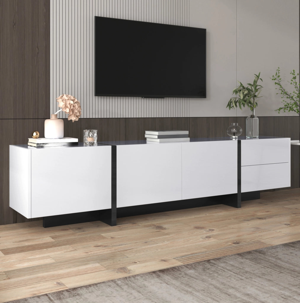 Mobile TV bianco e nero lucido con ante, cassetti e scaffali interni, 190x35x45 cm