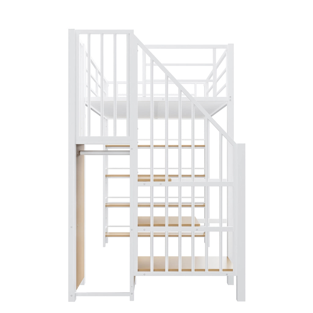 Letto a Soppalco Singolo con Scala Contenitore; Armadio Compatto e Mensole; 90 x 200 cm; senza Materasso
