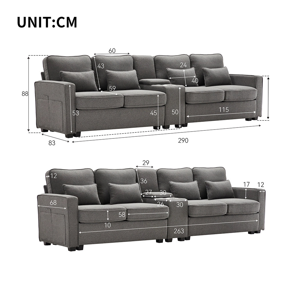 Canap?? 4 posti con braccioli portaoggetti - Xylo - Grigio scuro tessuto lino con console