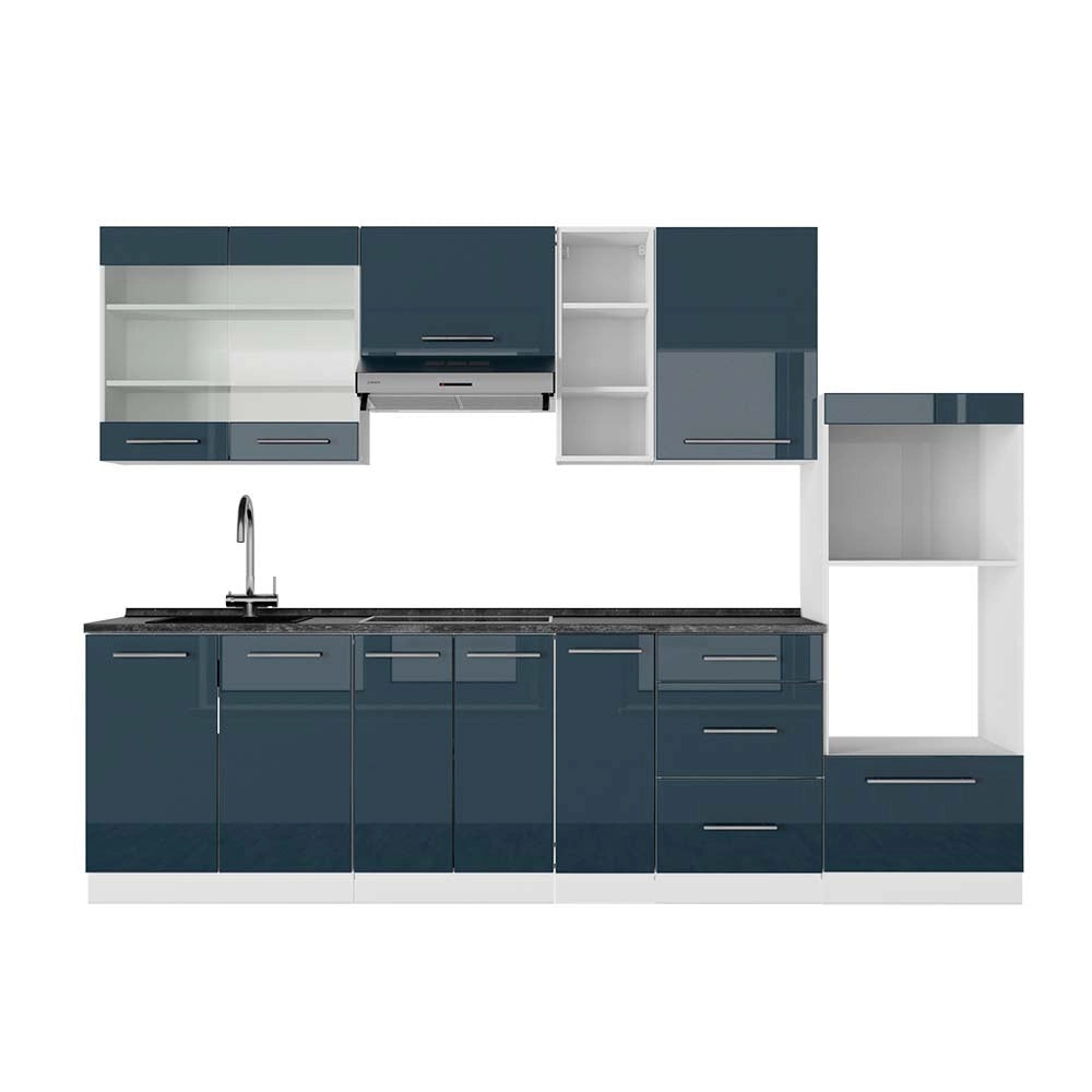 Cucina componibile Fame-Line Blu scuro lucido/Bianco 280 cm, PL Antracite Vicco