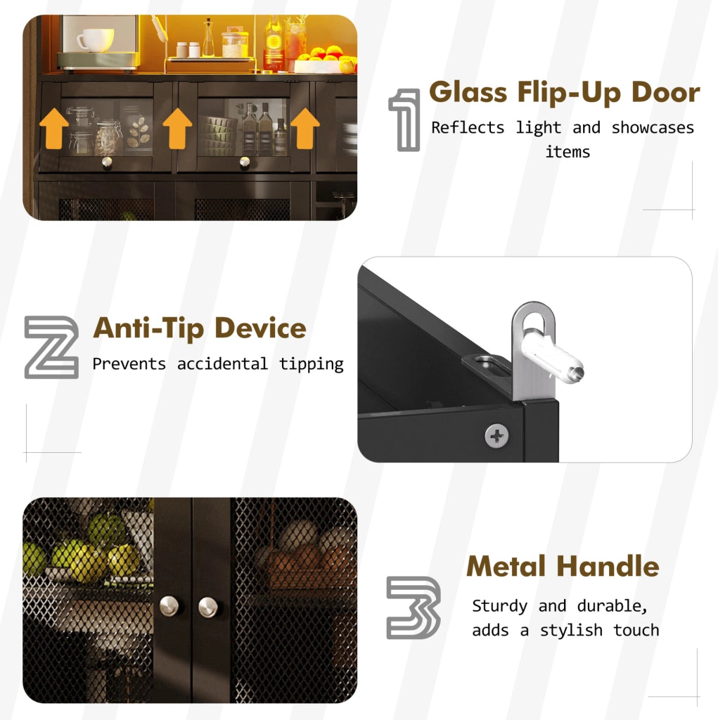 Mobile da cucina multifunzionale 120x40x181,7 cm con LED, USB e ripiani regolabili, nero