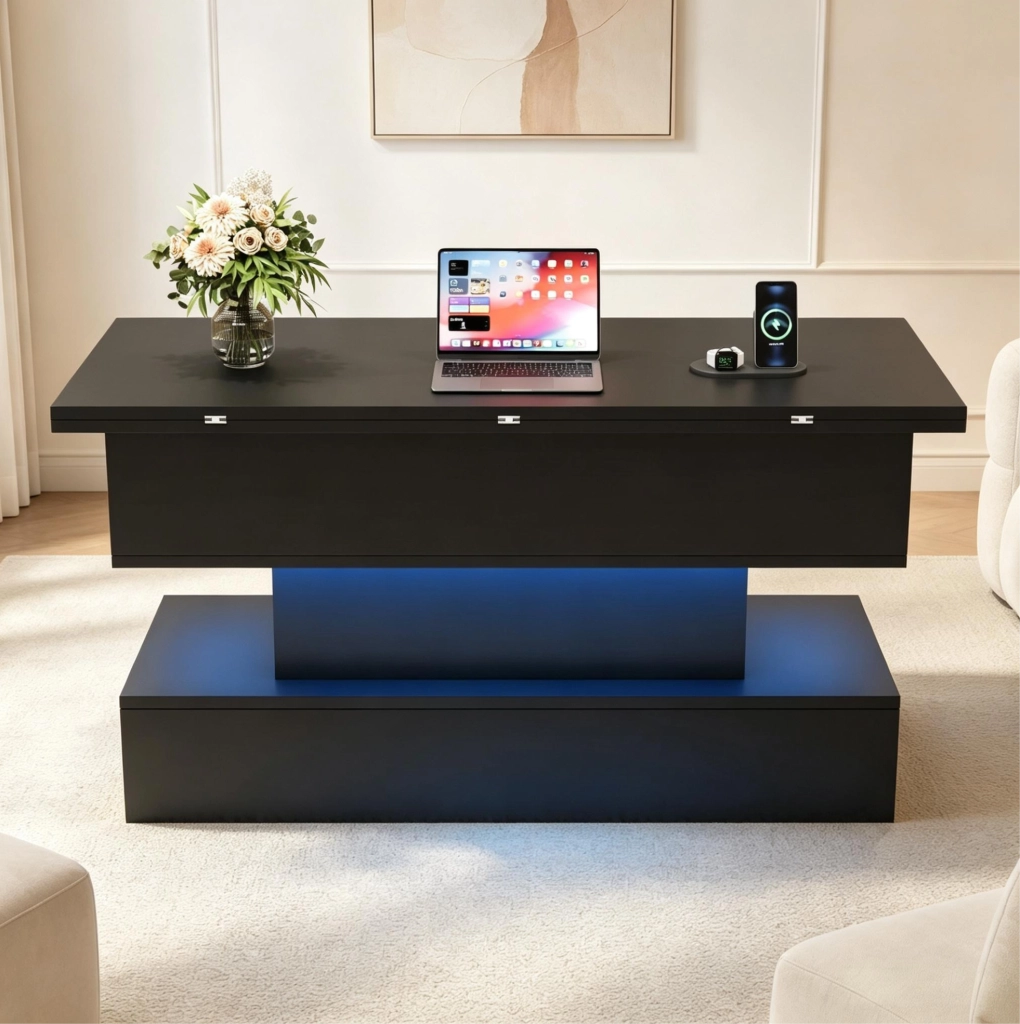 Tavolino sollevabile 3 in 1 con LED, presa integrata e vano contenitore