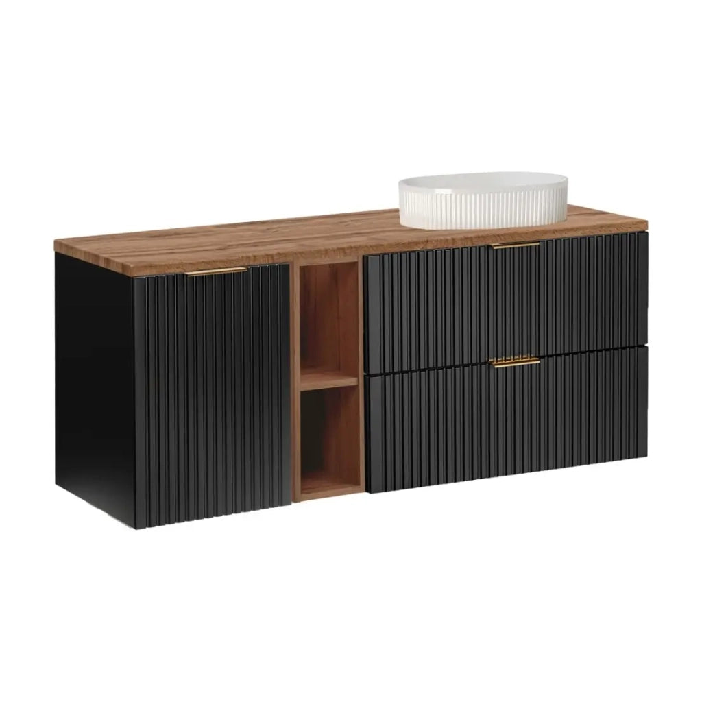 Mobile sottolavabo NOXERA 140 cm - Nero opaco & rovere - 2 cassetti + cesto per la biancheria + piano per lavabo + nicchie + lavabo