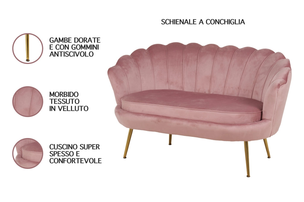 Divano Due 2 Posti In Velluto Forma Conchiglia Gambe In Metallo 133x63x75 Cm Camera Soggiorno Ufficio  Rosa Antico