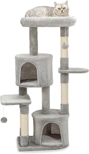 Cat Tower - Altezza 115 cm - Colore Grigio chiaro - 2 palline di piuma incluse con campanelli, filo di acciaio e piuma morbida - Posto di riposo comodo e grotte - Adatto per gatti piccoli e grandi
