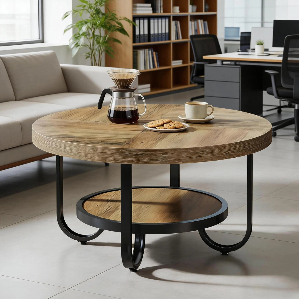 Tavolino rotondo a due livelli 79 cm; in MDF e metallo; nero e marrone