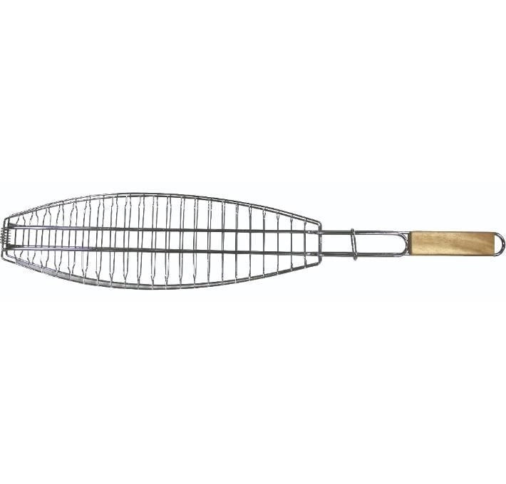 Sandrigarden 7910805 Graticola per Pesce Doppia in Acciaio Cromato Impugnatura in Legno 61x25,5 cm