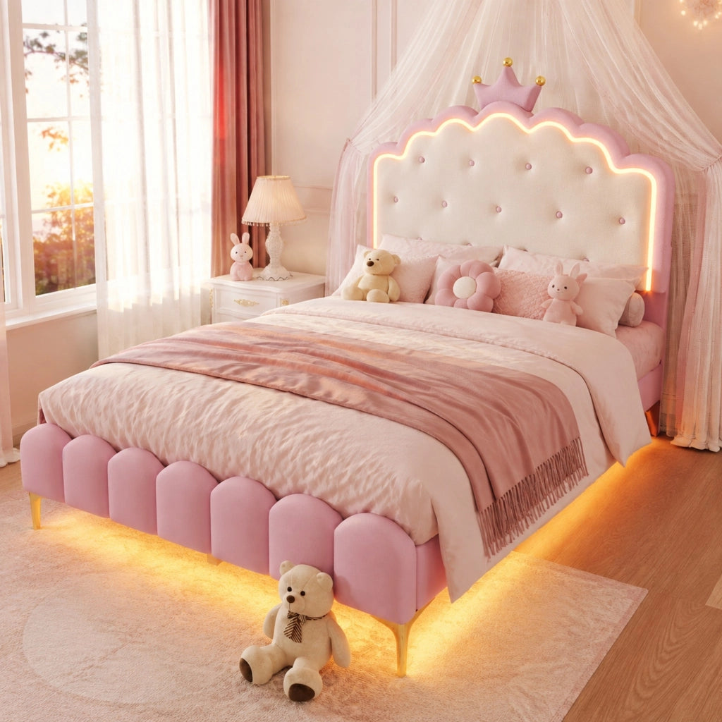 LETTO 140x200 cm in PU Rosa con illuminazione LED ambientale