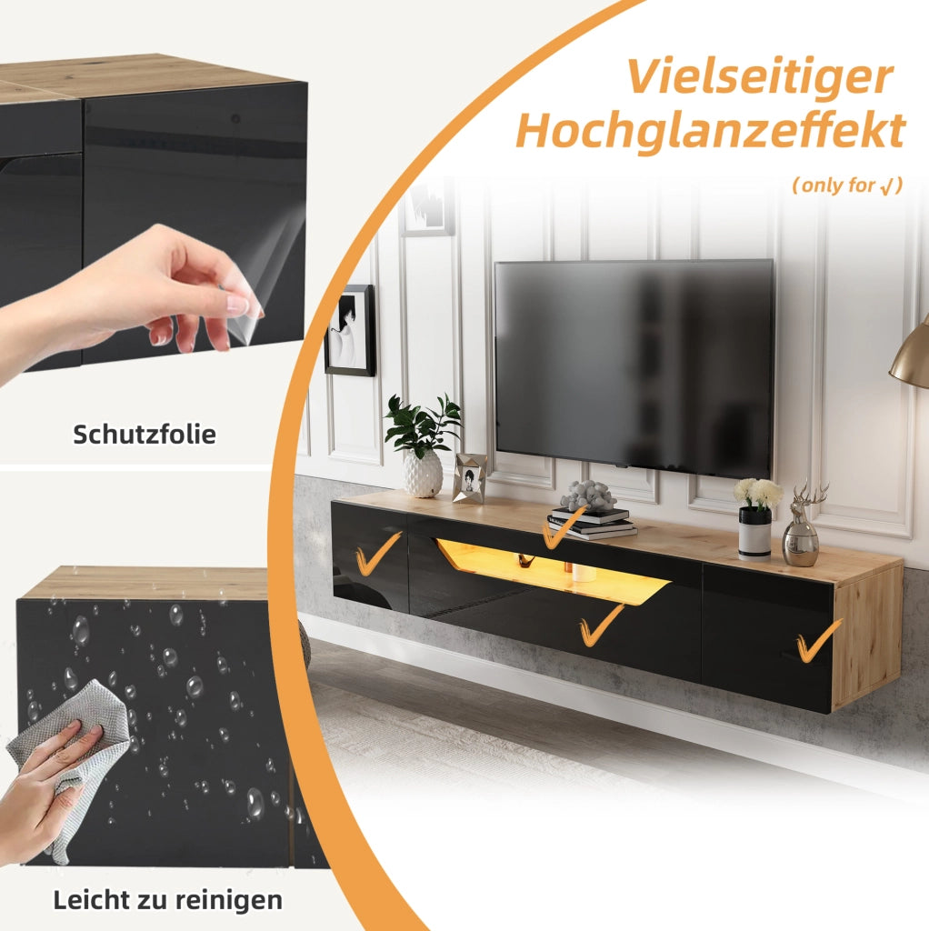 Mobile TV sospeso 180 cm con LED, 3 vani e frontale lucido nero/legno