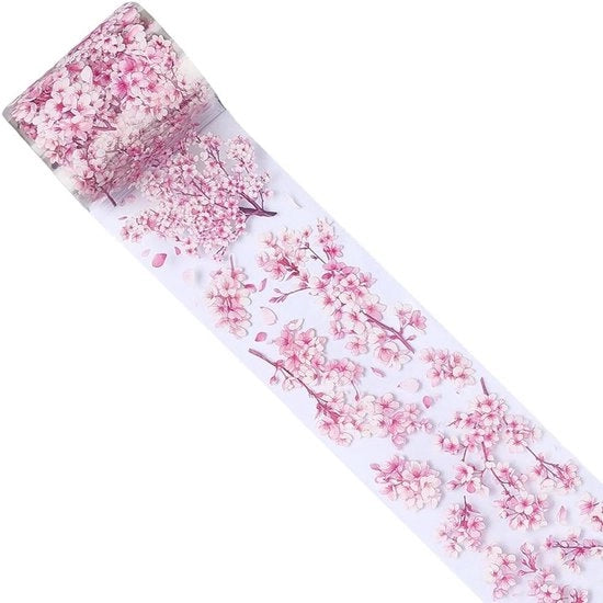 Nastro adesivo washi con motivi di ciliegie rosse e fiori antichi per decorazione di casa, giornale di lavoro e planner diari.