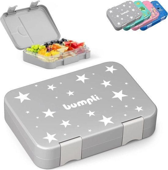 Tromba per bambini con caselle, chiusura sicura per bambini con chiusura a click, contenitore per pranzo, bento box per asilo, scuola, uscite, colore grigio - stelle