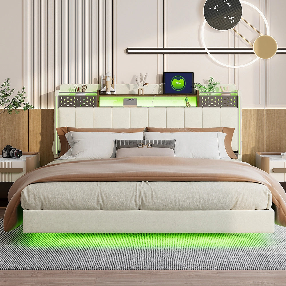 Letto matrimoniale - Xylo - 160x200 cm - Beige - Illuminazione LED e contenitore
