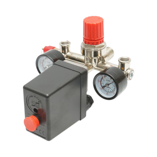 Pressostato per compressore d’aria 220V, con regolatore e 2 manometri fino a 12 bar.