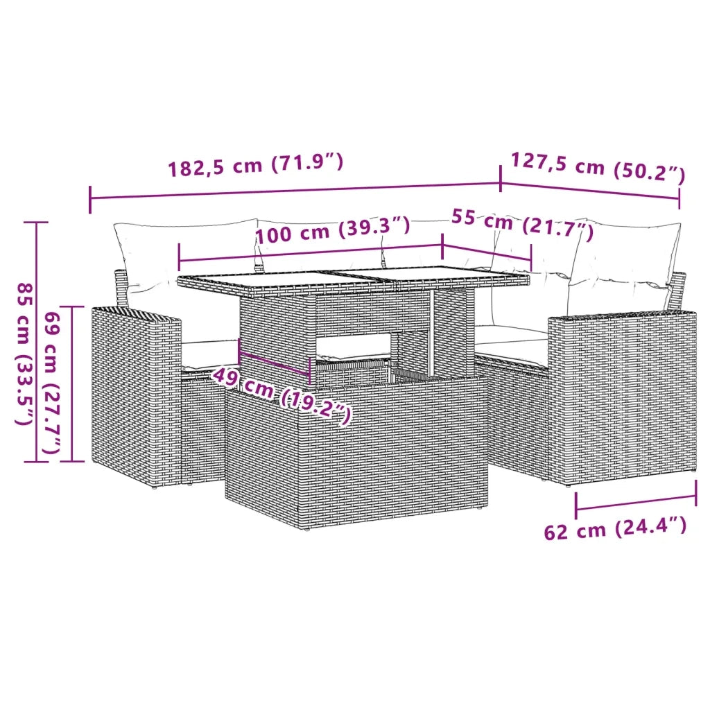 Set Divano da Giardino 5 pz con Cuscini Grigio in Polyrattan
