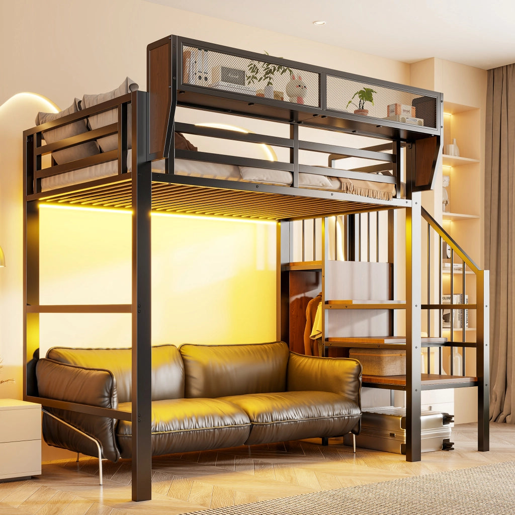 Letto a soppalco 90 × 200 cm con LED, scala di sicurezza e ripiano regolabile, senza materasso, in metallo, nero