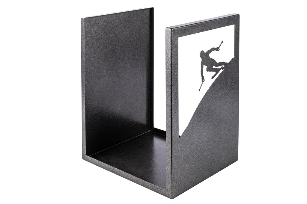 Porta Legna Sagomato Sciatore 40,5x35,5x50 cm in Ferro Verniciato Grigio Martellato