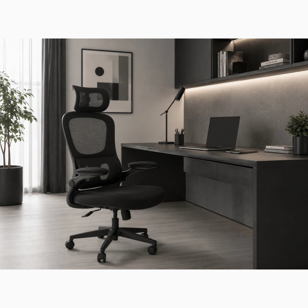 Sedia da Scrivania Ufficio ergonomica Con Poggiatesta imbottita Schienale a rete Nera BUDAPEST