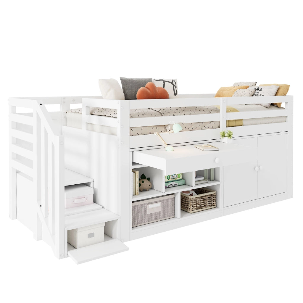 OKWISH Letto Bambino 90×200 cm, Letto Singolo con Scala, Contenitore, Cassetto Reversibile e Scrivania Ribaltabile, senza Materasso, Bianco