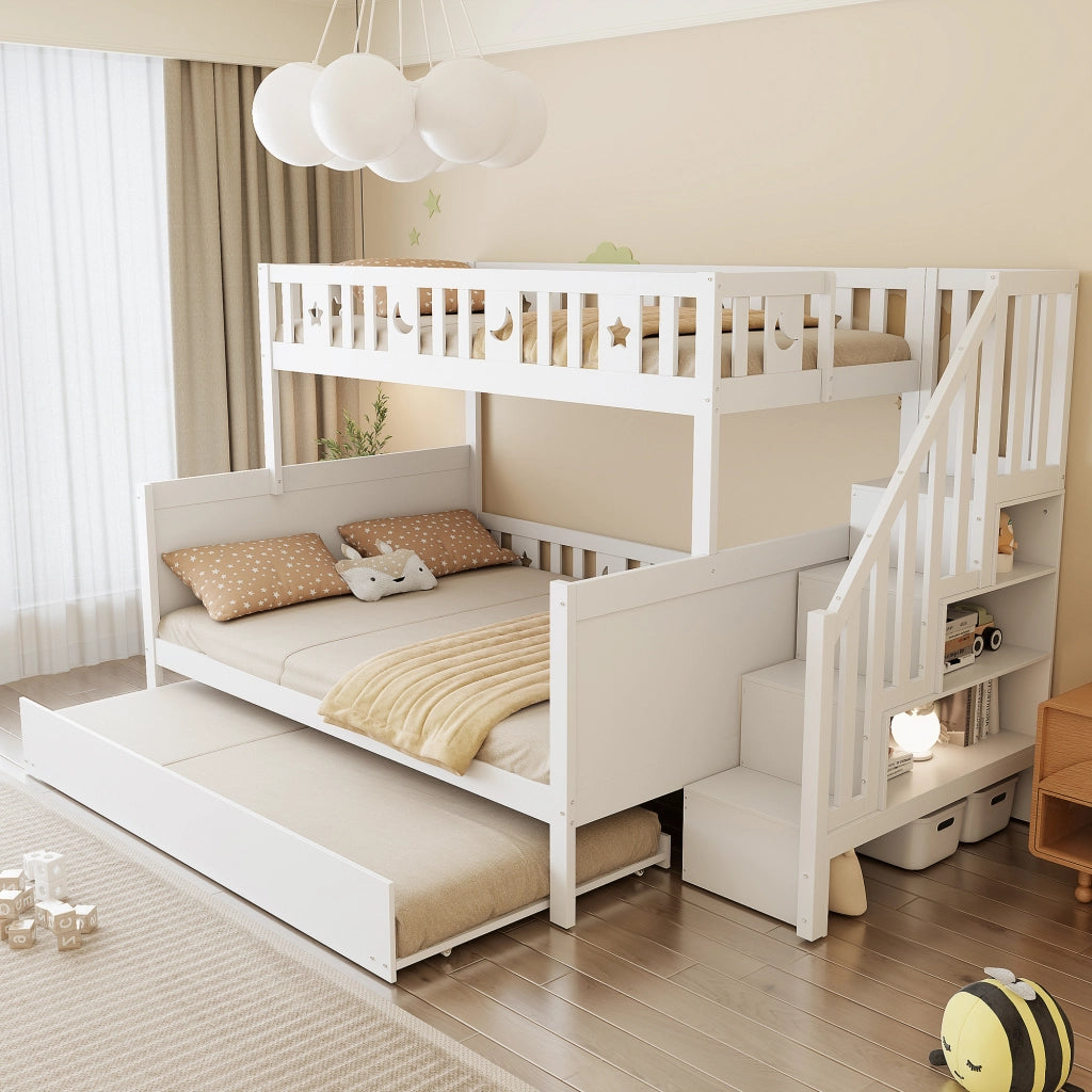 Letto a Castello con Scala Contenitore e Letto Estraibile; 90×200 e 140×200 cm; senza Materasso